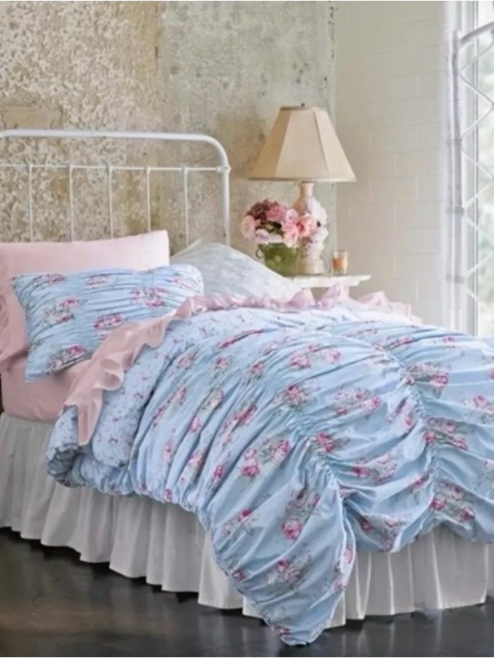 Simply Shabby Chic DUVET WITH SHAMS Cabbage Rose Ruched Full Queen